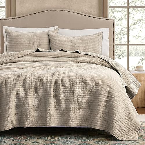 WDCOZY 100% Cotton Queen Size Quilt Set - Beige Neutral Striped Pick Stitch Soft Lightweight Bedspread, Textured Like Linen, Farmhouse Country Rustic Coverlet, Shabby Chic Gauze Bedding, 3 Pieces