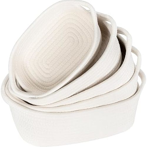 MINTWOOD Design 5-Piece Small Decorative Woven Storage Baskets Set for Shelves, Bathroom, Pantry and Nightstand Organizer, Catch All Tray for Organizing Gifts, Dog and Cat Toys, Creamy White
