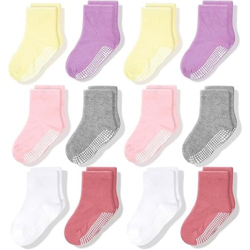 CozyWay Baby & Toddler Socks With Grippers Non Slip Crew Grip Socks for Girls and Boys Soft Comfy Cotton - 12 Pack