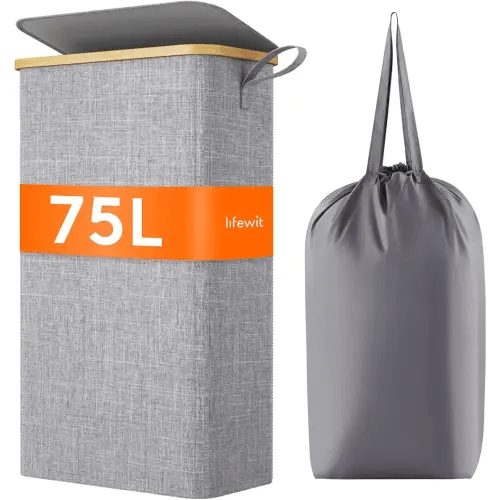 Lifewit 75L Slim Laundry Hamper with Lid, Narrow Laundry Basket with Removable Bag & Bamboo Handles, Fodable Thin Dirty Clothes Hamper for Laundry Collapsible Bin for Bathroom Bedroom Dorm, Gray