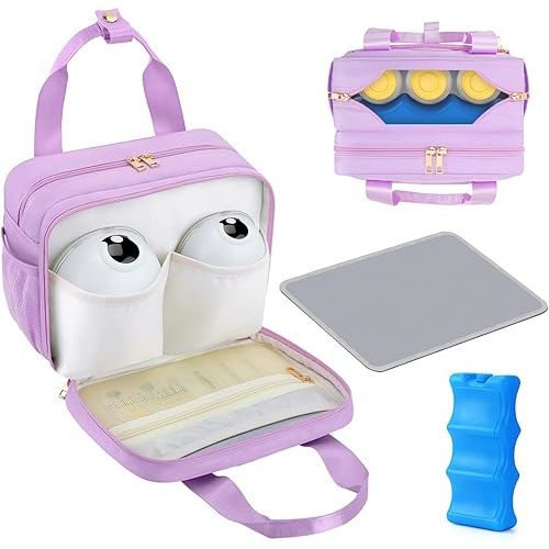 PIIOSER Breastmilk Cooler Travel Bag with Ice Pack, Compatible with Wearable Breast Pumps & Accessories - Portable Hands Free Breast Pump Carrying Case for Nursing & Working Moms, Purple
