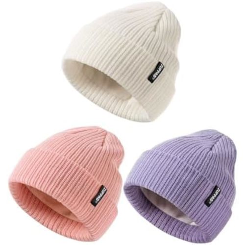 Baby Beanie Hat 3 Packs Toddler Girls Boys, Baby Hats Winter Warm Knitted Thermal with Fleece Lining, Kids Winter Hat