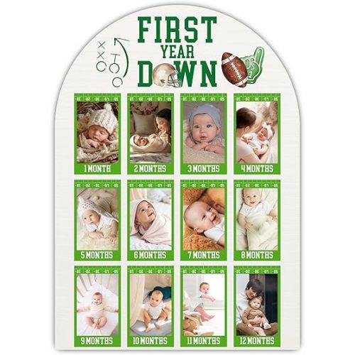 Football My First Year Photo Board, First Year Down Baby Milestone Signs for Boys Girls Nursery Decor, 12 Month Wooden Picture Board for 2x3 Photos, Best Babies Keepsake Gifts-A11