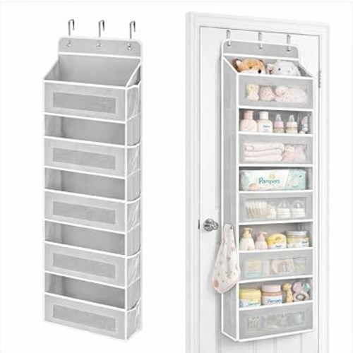 Over The Door Organizer with 10 Mesh Side Pockets, 5 Shelf Hanging Pantry Door Organizer for Bathroom & Nursery, Heavy Duty Behind The Door Storage for Toys, Diapers & Towels, Grey