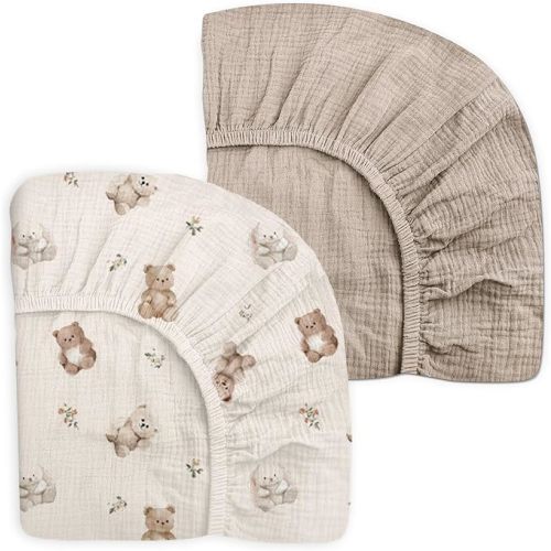 Pack and Play Sheets for Baby Boy and Girl 2 Pack, Neutral Muslin Cotton Pack N Play Mattresses Sheet 27"x39", Muslin Nursery Bedding Soft and Breathable Comfort (Teddy & Friends)