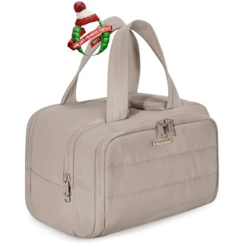 BAGSMART Travel Toiletry Bag, Crush Toiletry Bag for Women, Wide-open Puffy Toiletry Bags for Traveling, Large Travel Cosmetic Makeup Bag Organizer for Accessories,Toiletrie, Grayish Brown