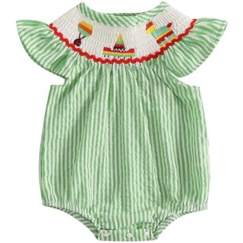 Kayotuas Baby Girl Cinco De Mayo Outfit Mexican Fiesta Embroidered Stripes Smocked Bubble Romper Bodysuit Cute Summer Clothes