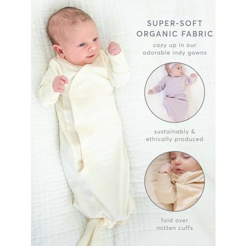 Colored Organics Baby 100% Organic Cotton Newborn Knotted Gown - Infant Indy Kimono Wrap Front Tie Knot with Mitten Cuffs