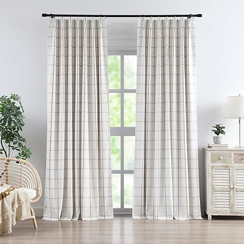 Vision Home Flax Linen Plaid Pinch Pleated Full Blackout Curtains 40x102Lx2