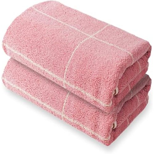 Pink Bath Towels - Set of 2 Made Cotton 27x55 Inches Highly Absorbent for Bathroom (Rectilinea)