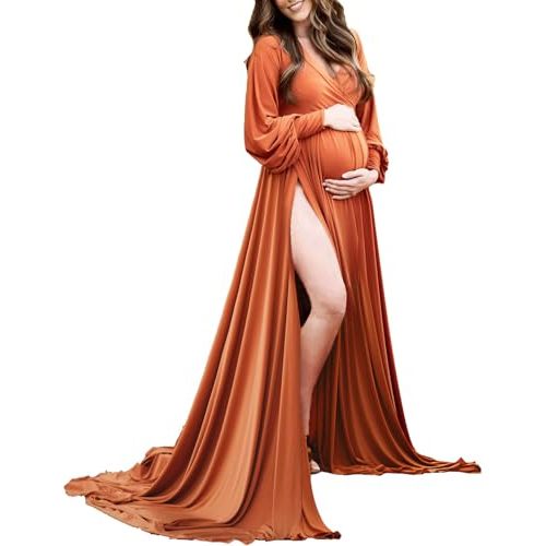 Maternity Gown Bishop Sleeves Baby Shower Dress Wrap Side Slit Sweetheart Maxi Photo Shoot for Photography