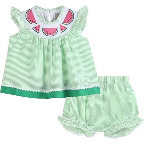 Lil cactus Green & White Stripe Watermelon Smocked Angel-Sleeve Dress & Bloomers 2pc. Set