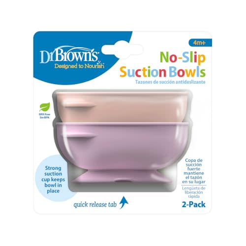 Dr. Brown's No-Slip Suction Bowls, Baby and Toddler, 4m+, 2-Pack Pink/Lilac | Dr. Brown's Designed to Nourish No-Slip Suction Bowls for Babies and Toddlers, Quick Release Tab, BPA-Free, 4m+, 2-Pack