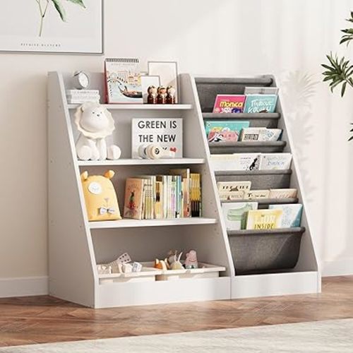 NACHES Montessori Kid Bookshelf White Toddler Bookcase Cabinet Children Book Rack Display Toy Storage Organizer 4 Tier 5 Sling Deep Sleeves Classroom Bedroom Nursery Playroom Wood (White)