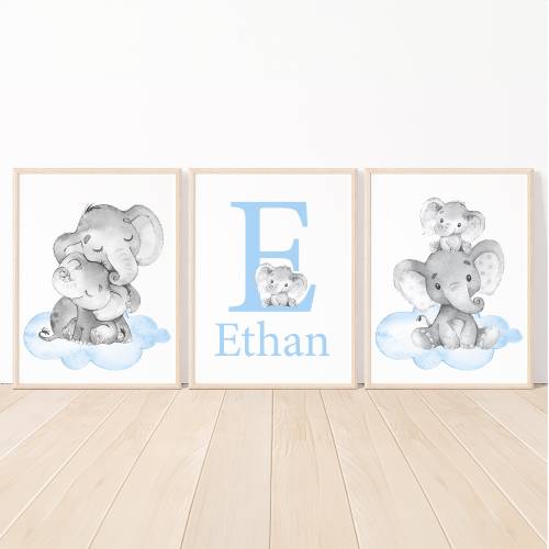 Elephant Wall Decor Custom Baby Name Initial Prints Boy Nursery Art Children Personalized Kids Room set of 3 pictures blue gray Canvas. 18 X 24 inches Digital File