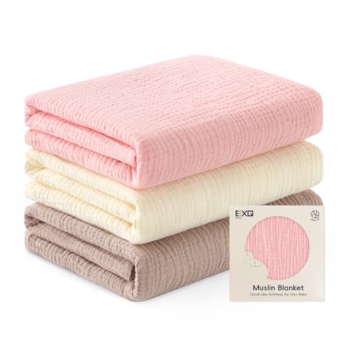 EXQ Home Muslin Swaddle Blankets for Baby, 3 Pack Cotton Breathable Soft Receiving Blankets for Newborn Boys and Girls, Baby Essentials & Gift, 38x40 inches(Pink)