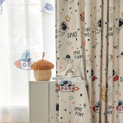 Cartoon Astronaut Semi Blackout Curtains for Kids Room Nursery Space Planets Patterns Printed Drapes for Bedroom Living Room Privacy Room Darkening Window Treatment Grommet Top 1 Panel W52 x L84 Inch