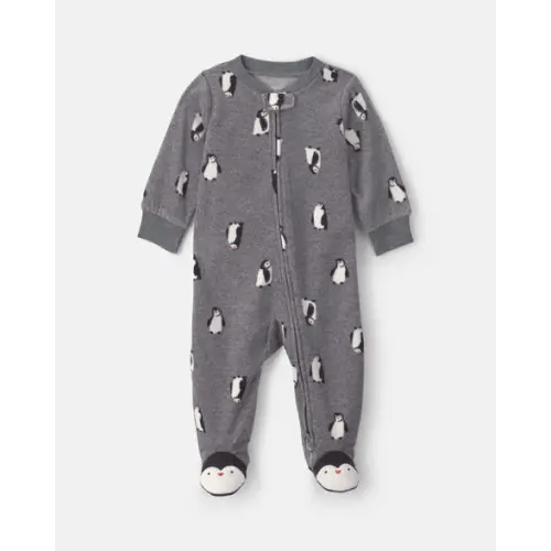 Baby Boy Penguin Fleece 2-Way Zip Sleep & Play Pajamas - Grey | Carter's