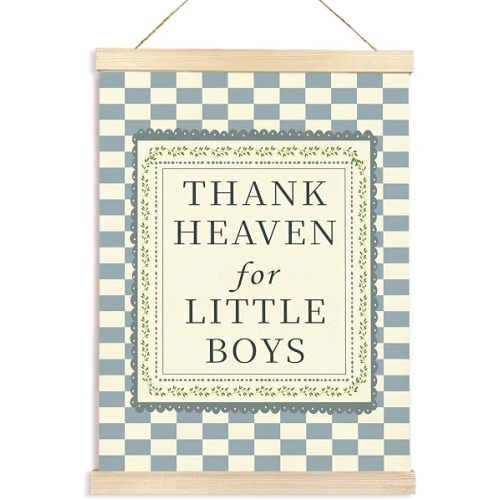 Hiuwevt Boy Nursery Wall Art, Thank Heaven for Little Boys Poster Hanger Frame, Blue Checkered Wall Art Decor for Kids Boy Nursery Toddler Room Bedroom Playroom, 12x16 Inch Posters Prints