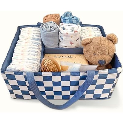 Tiny Twinkle Diaper Caddy Organizer | Foldable Baby Storage Basket with Removable Divider | Waterproof & Mess-Proof Fabric, Portable Nursery Organizer for Newborn Essentials (Blue Checkers)