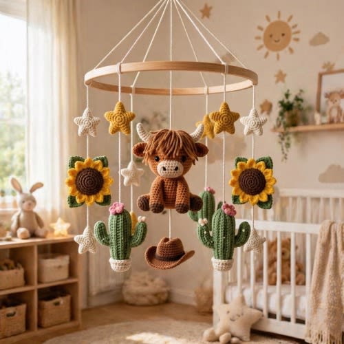 Crochet Highland Cattle Baby Mobile, Boho Farm Nursery Decor, Highland Cow Baby Mobile Crochet, Handmade Neutral Nursery Decor