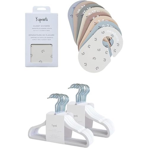 3 Sprouts Closet Dividers & Hangers Bundle - 8 Baby Size Dividers (Blueberry) and 30 Velvet Hangers for Baby Clothes (White)