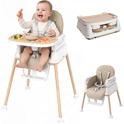 Baby High Chair for Babies and Toddlers, 3-in-1 Convertible Highchair with Built-in Leg Storage, Compact Pack-Away Design, Baby Eating Feeding Chair, Silla De Comer para Bebe, Beige