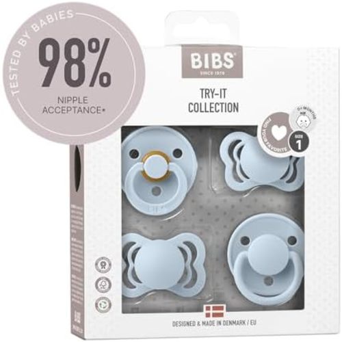 BIBS Soothers Includes Colour, De Lux, Couture and Supreme Soothers | BPA-Free Natural Rubber Pacifier & Silicone | Made in Denmark | Try-it Collection (Baby Blue, 0-6 Months...)