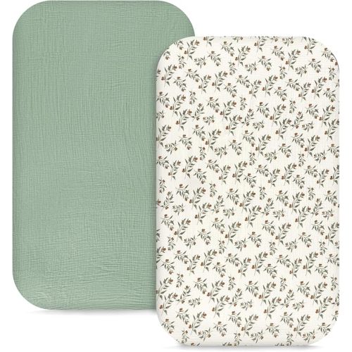 Hooyax Muslin Bassinet Sheets 2 Pack for Baby, Compatible with Bedside Sleeper Bassinet Fitted Sheets for Girls Boys, Ultra Soft and Skin-Friendly (Green, Leaf)