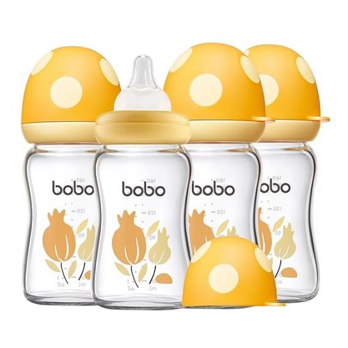 YOHKOH Natural Glass Baby Bottle with Level 1 Slow Flow Nipple, Newborn Anti-Colic Baby Bottles, Wide Neck Mushroom Baby Glass Bottle (Yellow, (5.4oz (Pack of 4))