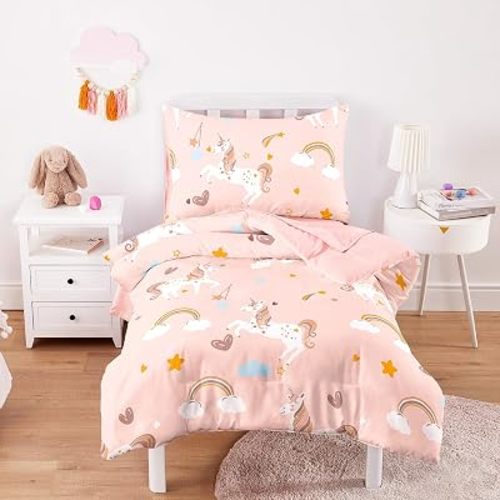 Wake In Cloud - Unicorn Toddler Bedding Set for Girls, Cute Colorful Unicorn with Rainbow Clouds, 4 Pieces Soft Crib Bed Set Including Comforter, Sheets and Pillowcase, Light Pink