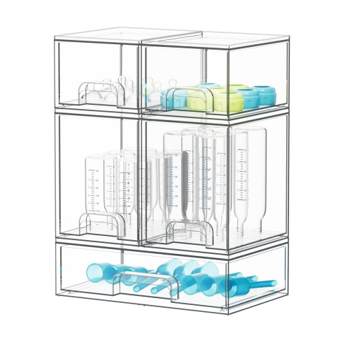 SpaceAid Bottle Storage Organizer Baby - Acrylic Bottles Station Organizer Container, Stackable Clear Drawers for Countertop, Vanity, Bathroom, Cabinet, Pantry Organization, 5 Pack, 2S2M1L, 15.4" H