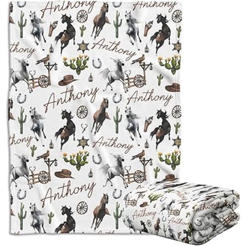 Baby Western Blankets, Baby Cowboy Blanket, Personalized Cactus & Horse Blankets for Boys Girls, Custom Name Fleece Blanket for Infant Newborn Son Daughter