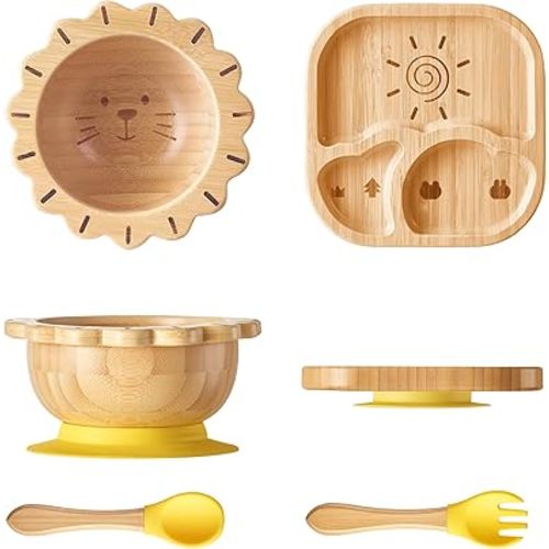 Suction Plates Bowls Set for Baby Toddler Non-Toxic Bamboo Feeding Set with Silicone Fork & Spoon (Yellow Feeding Set)