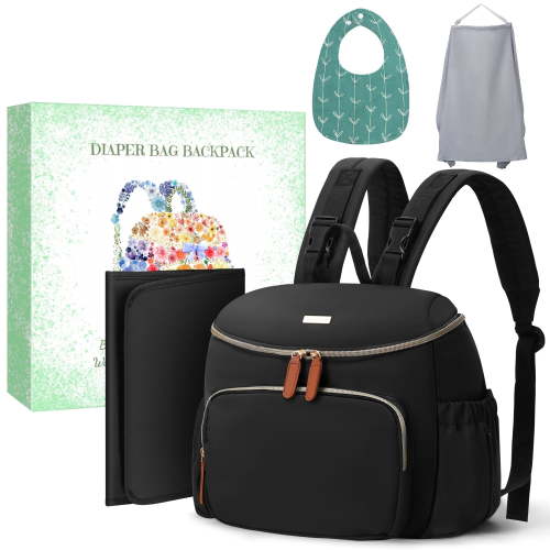 DERSTUEWE Diaper Bag Backpack, Waterproof Baby Bag w/Changing Pad, Nursing Cover, Bib – Small Portable Travel Backpack for Baby Essentials