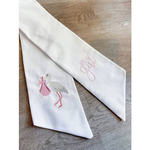 it's a girl stork wreath sash x birth announcement x custom embroidered x hand tailored x door decor