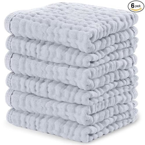 Comfy Cubs Muslin Baby Washcloths 6 Pack - Soft 6-Layer Cotton Wash Cloths for Sensitive Skin - 10"x10" Large, Gentle, Absorbent Infant Essentials for Newborn and Toddlers - Slate