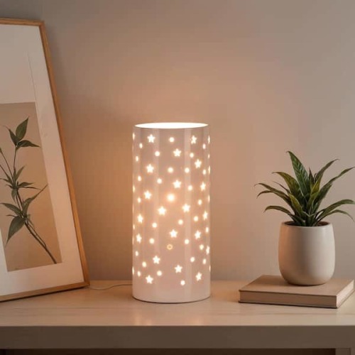 10 in. White Indoor Ceramic Up-Light with White Cut Out Pattern Shade