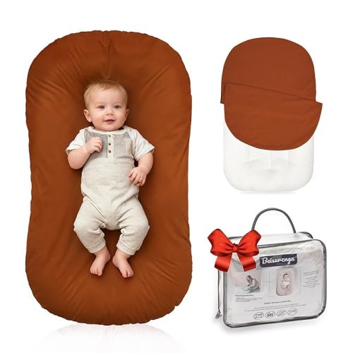 Baby Lounger for Newborn - Snuggle Cozy Me Lounger | Breathable Soft Cotton, 0-24 Months Portable Playtime Baby Nest, Newborn Baby Essentials Gifts- Orange (1 Lounger + 1 Cover)