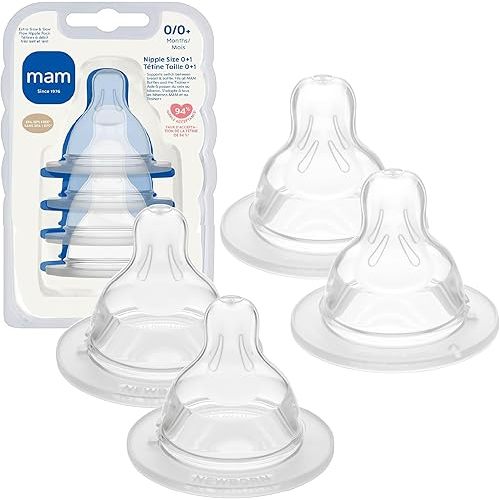 MAM Baby Bottle Nipple Mixed Flow Pack, Extra Slow Size 0 and Slow Flow Size 1 for Newborns 0+ Months, Skin Soft BPA Free Silicone, 94% Nipple Acceptance, Fits All MAM Bottles, 4 Pack, Made in Europe