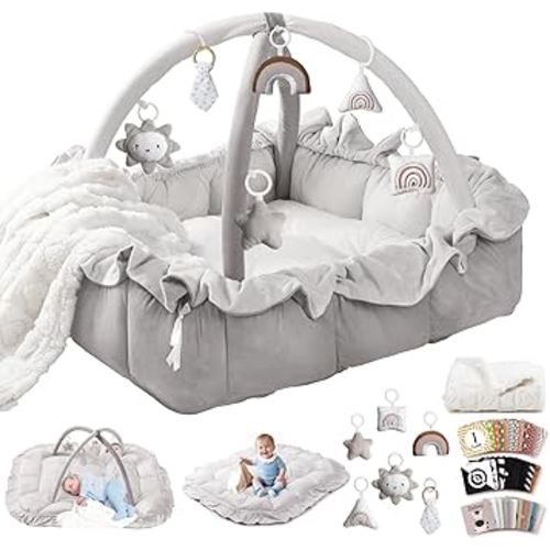 5-in-1 Plush Baby Play Gym, Baby Play Mat, Convertible Baby Gym with Blanket and 6 Toys, Tummy time mat, Baby Activity Center from Newborn to Toddler, Baby Gym, Ball Pit, Baby Newborn Essentials, Grey