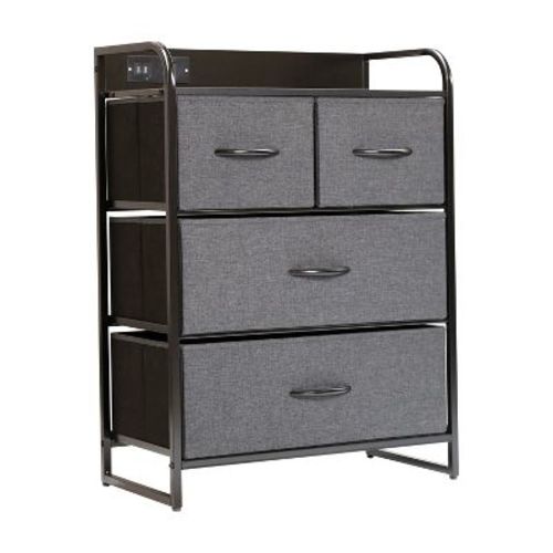 Emma and Oliver Charging Nightstand with 4 Fabric Drawers, 2 USB Ports, 1 Outlet in Charcoal/Blk