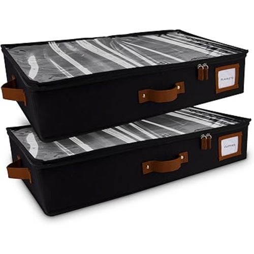 HOMELUX THEORY 2pc Under Bed Storage Containers, Bedroom Under the Bed Drawer Storage Organizer with Bins and Lids, Large Underbed Clothes Storage Box Ideal for Blanket, Fabric, & Shoes (Black)