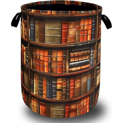 Retro Wooden Bookshelf Pattern Laundry Hamper Books Laundry Basket With Handles Foldable Oxford Cloth Funny Tote Bag Clothes Toy Storage Bucket 18.9"x16.5" For Bathroom/Laundry/Bedroom