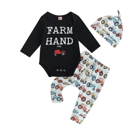 Twopumpkin Infant Baby Boy Farm Letter Bodysuit Romper and Long Pants Newborn Coming Home Outfit Cute Clothes Sets with Hat