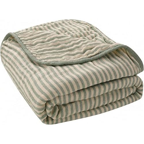 Ultra Soft Muslin Baby Blanket - Made with Organic Cotton, Gender Neutral Sage Green Striped Jacquard, Swaddle & Crib Quilt, 43x43 Inches (Sage Green Stripes)