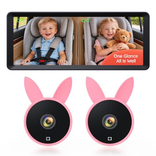 Babyvue Dual Car Camera Baby Monitor for 2 Kids 7.2'' HD Split Screen | 7.2'' HD Split Screen 1080P with Auto IR Night Vision & Wide Angle Lens, Easy Setup for Infant Toddler Backseat Mirror(Pink)