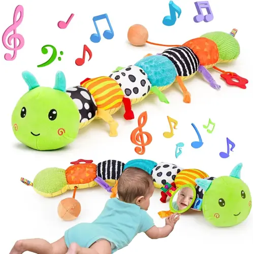 Baby Sensory Toy 0-6 Month Music Animal Stuffed Plush Caterpillar Toy for Infant 0-3-6 Month Tummy Time with Baby Mirror Crinkle Rattle for 6-12 Month Carseat Toys for Newborn Boys Girls Shower Gifts