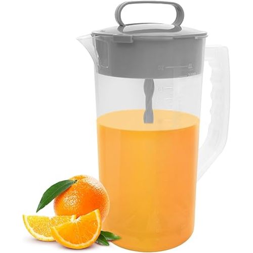 1 Pack Mixing Pitcher for Drinks, 2 Quart/ 64oz Plastic Water Pitcher with Lid，Easy-Mix Juice Container，Angled Plastic Blades and Adjustable Mixer Plunger for Mix Juice, Milk,Tea, Beverage Container…