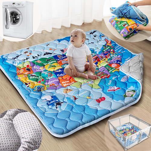 Beavtaens Baby Play Mat, 50x50 Playpen Mat with Super Soft Touch, Thick Activity Mat with Upgraded Anti-Slip Bottom, Machine Washable Crawling Mat for Floor & Picnic (Map)